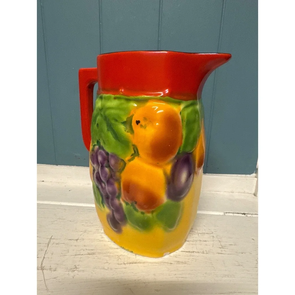 Ditmar Urbach Czechoslovakia Fruit Pitcher Vintage Ceramic Bern Red Yellow Grape